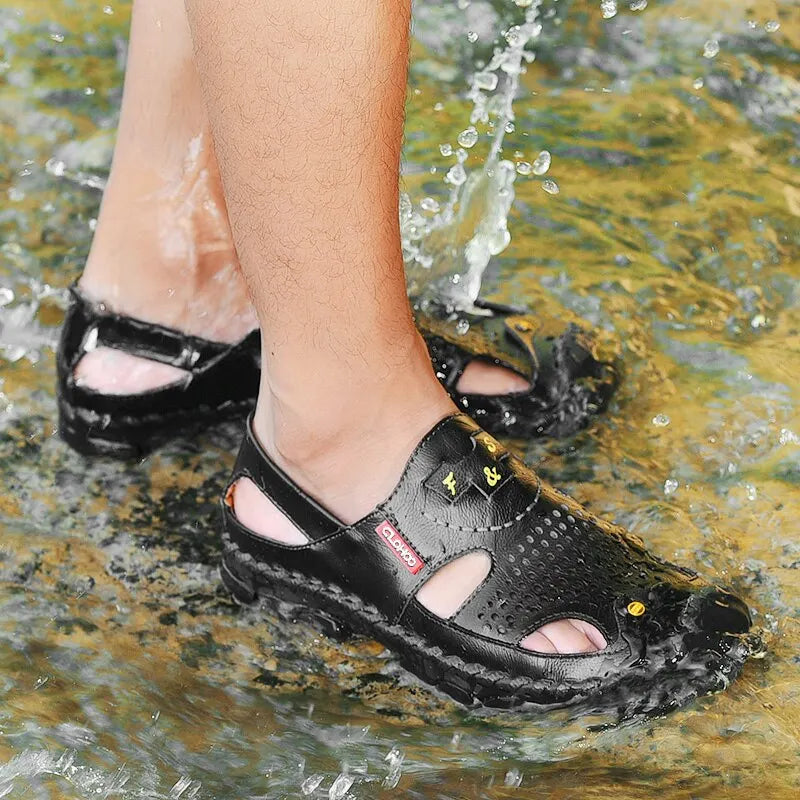 Men Genuine Leather Shoes Men's Sandals Durable Handmade Stitching Close Toe Non Slip Shoes For Indoor Outdoor Beach Casual