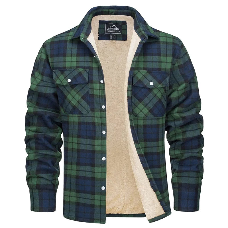 MAGCOMSEN Fleece Plaid Flannel Shirt Jacket  Men's Button Up Casual Cotton Jacket Thicken Warm Spring Work Coat Sherpa Outerwear