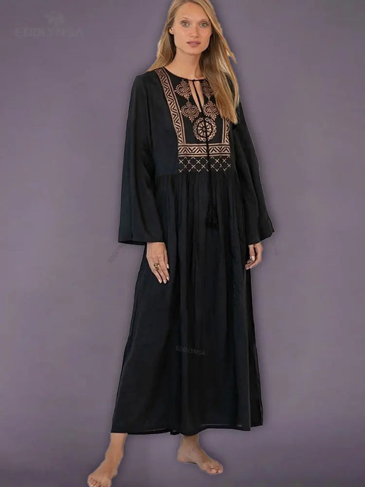 2025 Quick-drying Bohemian Printed Loose Summer Beach Dress Moroccan Kaftan Women Plus Size Beachwear Tassel Midi Dress Q897