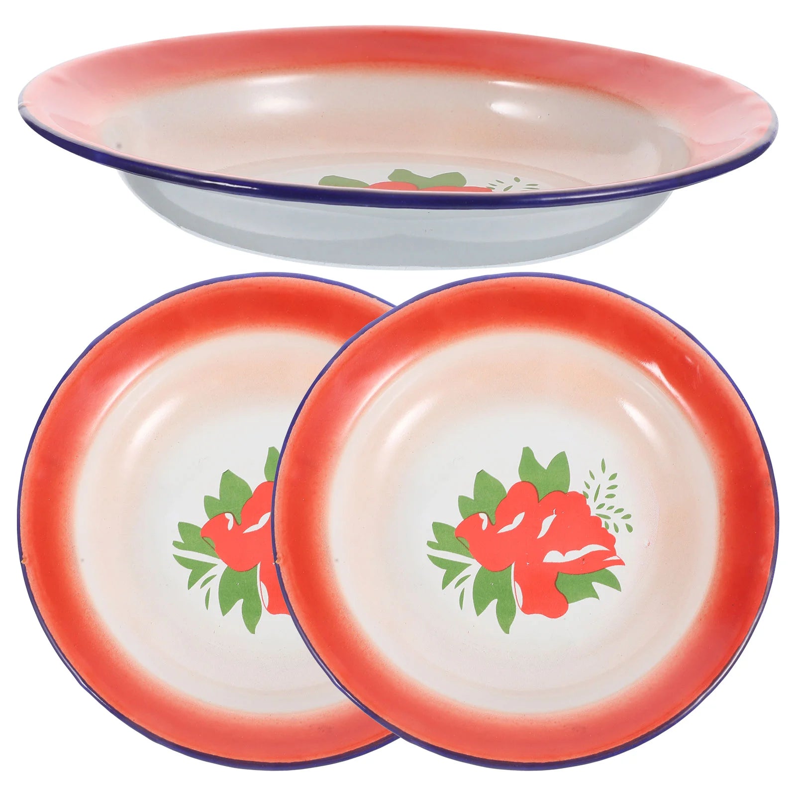 3 Pcs Vintage Enamel Plate Food Dish Pizza Serving Tray Snack Plates Salad Camping Condiment Containers Fruit Platter