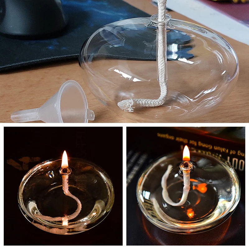 Handmade Oblate Transparent Glass Candlestick Oil Lamp with Wick Dinner Table Candle Rustic Christmas Home Decoration