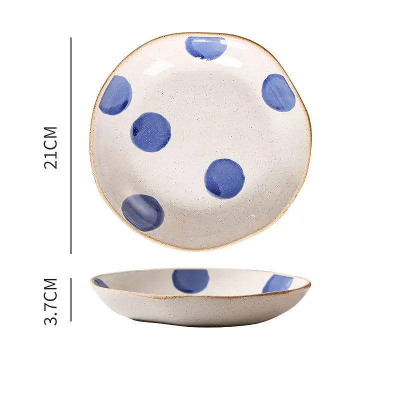 Japanese Vintage Hand Painted Dots Daisy Pottery Deep Plates Creative Moon Star Steak Flat Plate Handmade Salad Dinner Dishes