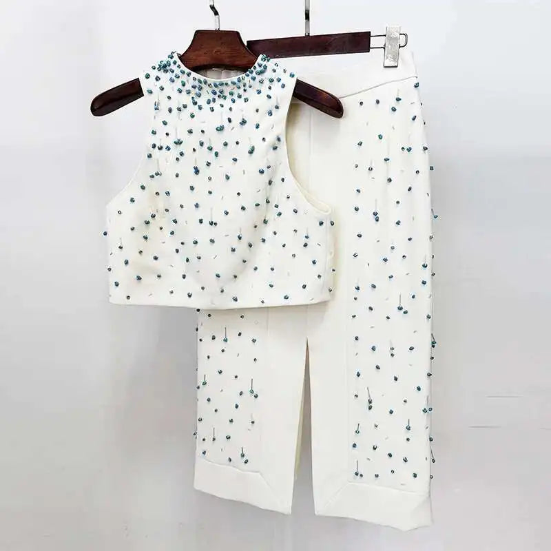 Luxury Crystal Midi Dresses 2 Piece Skirt Set Women Summer Beaded Crop Tops Single Breasted + Pencil Long Skirt Suit Work Outfit