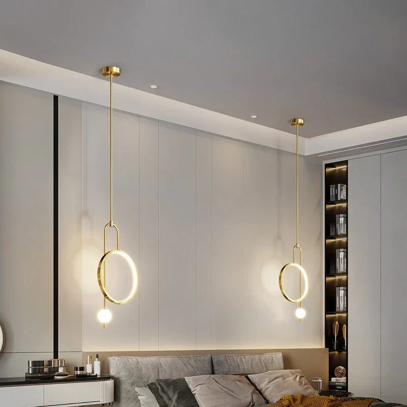 Modern Pendant Light Gold Ring Led Bedroom Bedside Hanging Lighting Minimalist Nordic Luxury Living Room Background Ball Lamp