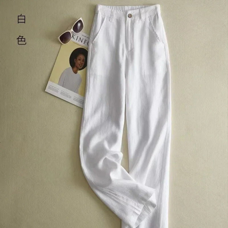 Fashion Cotton Linen Pants Women Elegant High Waist White Wide Leg Trouser Woman Casual Baggy Straight Streetwear Pants 2024