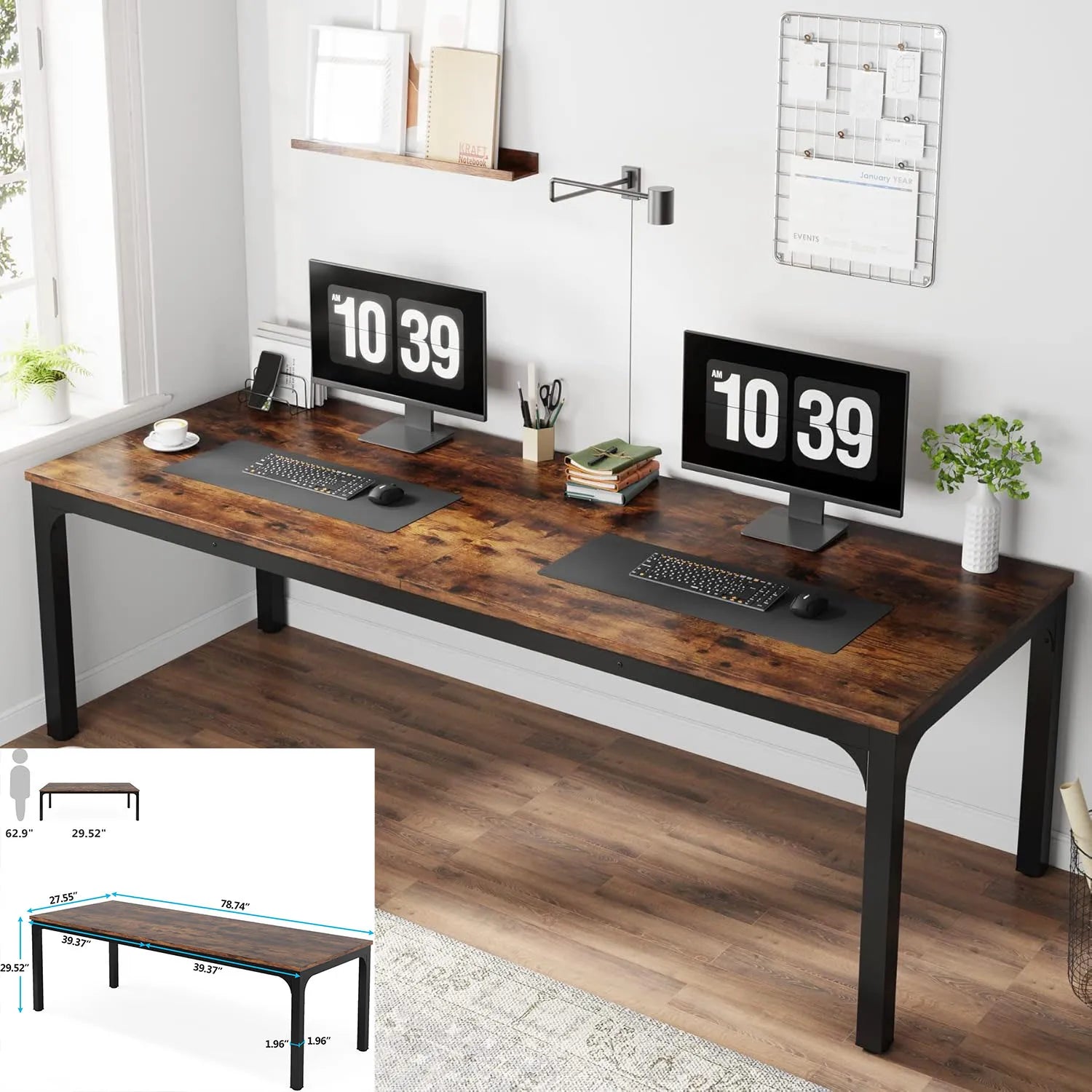 Computer Desk, 200 x 60 x 82 cm, Double Long Desk with 2 Drawers, Office Table, Work Table, Office Furniture