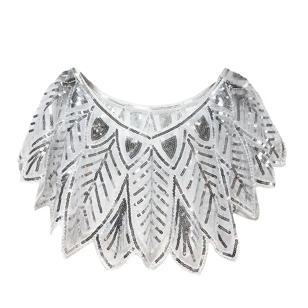 Women 1920s Evening Shawl Elegant Embroidered Beaded Capelet for Women Sparkling Sequin Party Shawl with Leaf Shape Gauze V Neck