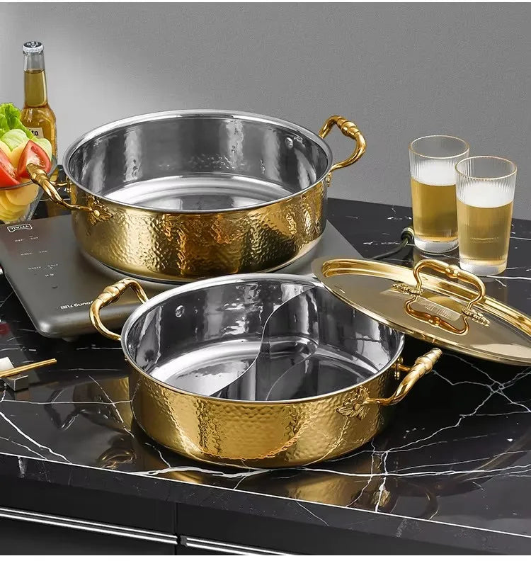 Italian manual hammer printing pot 3-layer steel clear soup pot Commercial double flavor 304 stainless steel thick hot pot