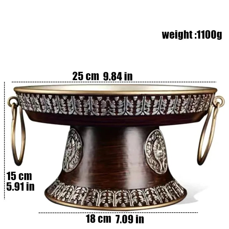 Tibetan Alloy Fruit Dish Embossed Auspicious Large Size Ancient Red Plate Tantric 25cm Tray Desktop Home Altars Decorative