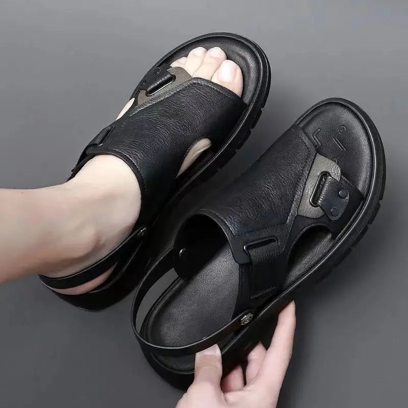 Male Shoe Slippers Genuine Leather Outdoor Trekking Hiking Beach Open Flat Men's Sandal Ankle Wrap Indoor New Arrival Number 41