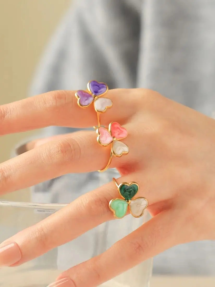 Multicolor Enamel Clover Stainless Steel Ring Women's Creative Meaning Lucky and Cute 18K Gold Plated Jewelry Waterproof