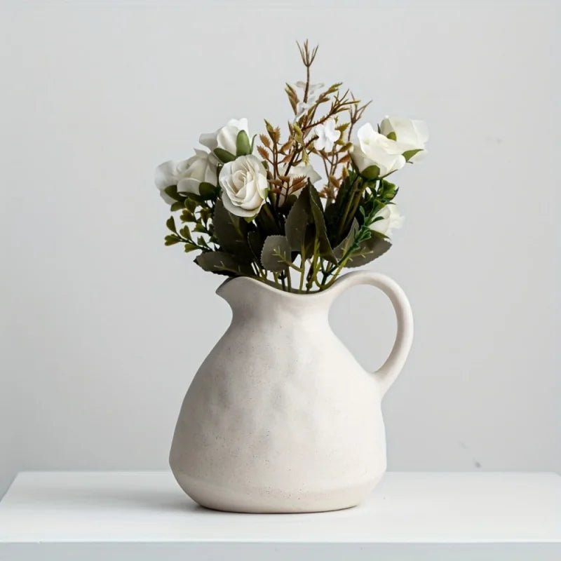 1PC Charming Rustic Ceramic Vase with Handle - Vintage Farmhouse Kettle for Home Decor & Tabletop Display