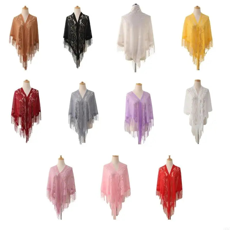 15YC Stylish Lace Ponchos with Fringed Edges Multiuse Shawl for Various Outfit Eye Catching Sunproof Triangle Shoulder Wrap