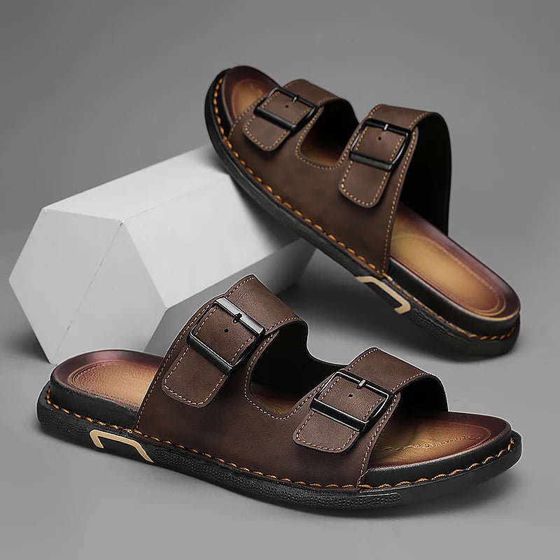 Fashion sandals for men, PU leather, metal details, buckle strap, plus size, summer beach men's mid heeled shoes, luxury sandals