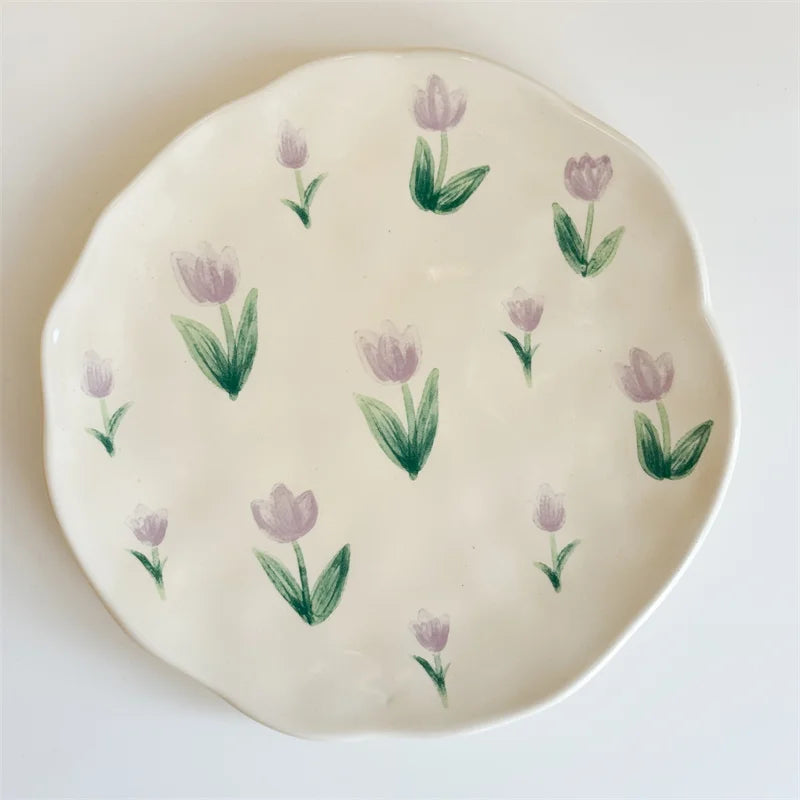 Ceramic Hand-painted Flower Pattern Ceramic Plate Underglaze Color Gifts Saucers Coffee Cup Dish Snacks Dessert Plates Tableware