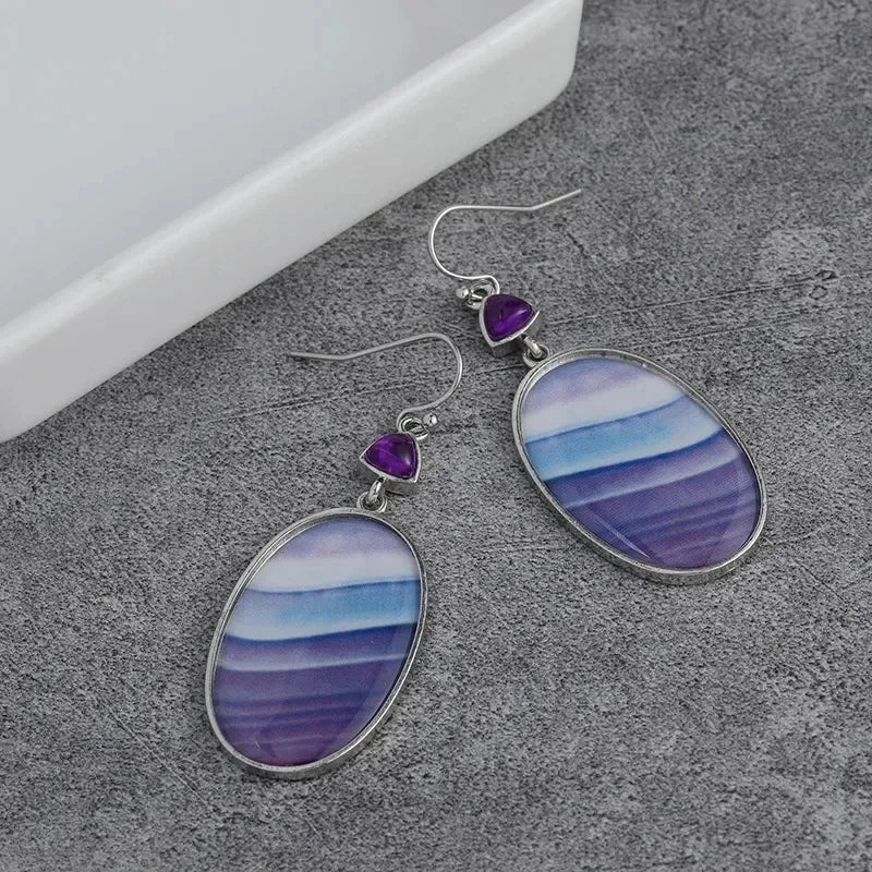 Boho Teardrop Earrings for Women Jaspers Silver Color Women Oval Purple Natural Stone Dangle Jewelry