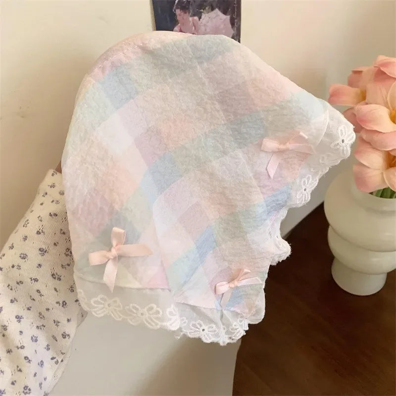 Red Woven Plaid Lace Hair Scarf Wraps Women Retro Triangle Headscarf Hat Travel Photo Headband Girl Hair Accessories