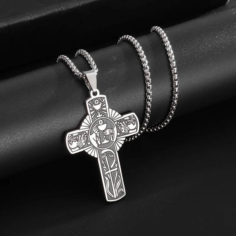 Stainless Steel Christian Eucharist Halo Grape Juice Cross Necklace Men Women Catholic Holy Spirit Church Jewelry