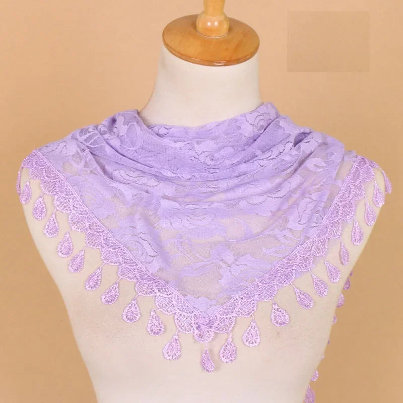 Fashion Women Triangle Wrap Fringed Shawls Head Scarf Tassel Embroidery Lace Scarves Flower Hijab Bandana Prayer Kerchief Church