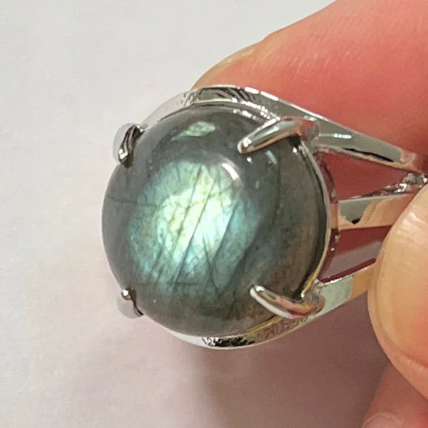 Ring Natural Stone Round Bead Blue Labradorite Adjustable Finger