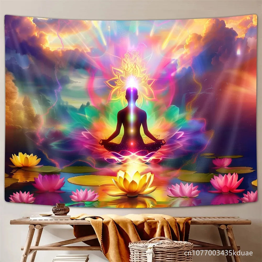 Lotus Seven Chakra Tapestry Wall Hanging Yoga Meditation Home Decoration Bedroom Dorm Background Cloth Banner Room Decor