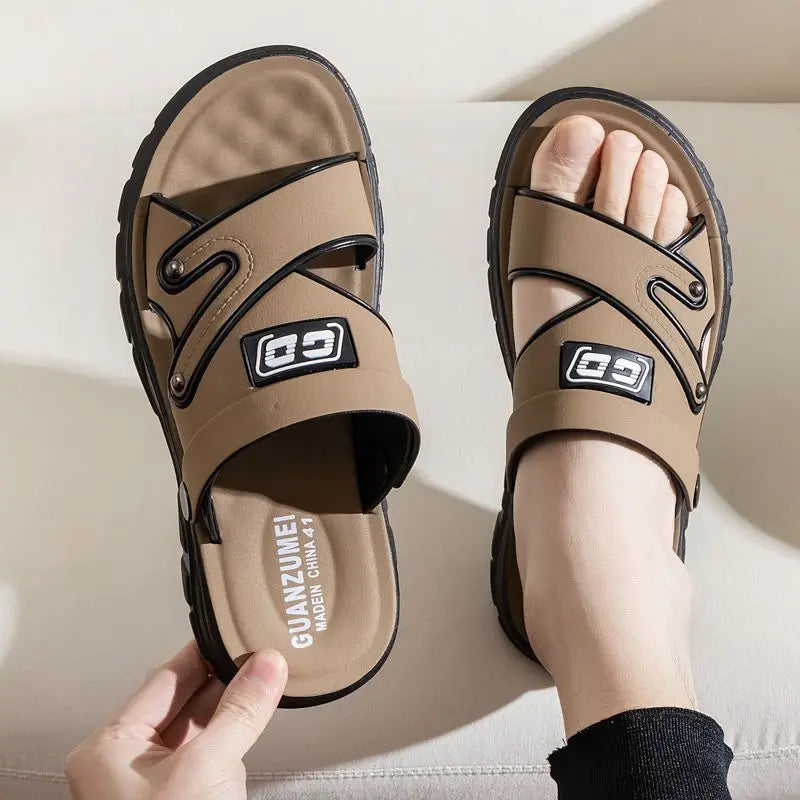 2025 New Men's Sandals Leather Platform Beach Summer Outer Wear Dad Non-slip Wear-resistant Dual-purpose Cool Slippers Men Shoes