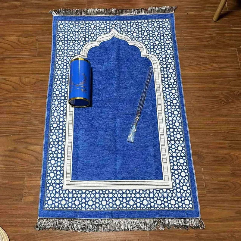 Muslim Prayer Mat with Rosary Beads and Gift Tube the Spire Pattern Islamic Rug Ramadan Decorative Floor Carpet Travel Gifts