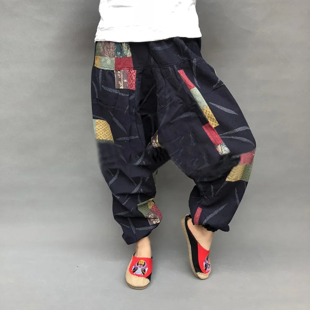 Vintage Men's Linen Loose Ethnic Printing Pants Trousers Retro Casual Harem Large Crotch Beach Pants Man Clothing