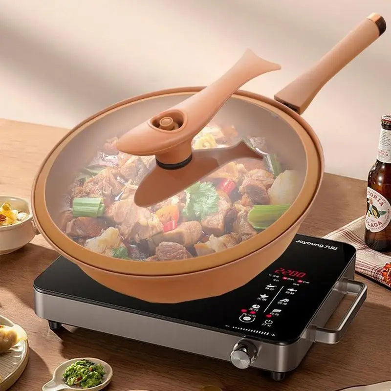 Iron Wok With Lid Frying Wok Energy-Concentrating Pot Bottom Steaming And Cooking All In 1 Induction Cookware Non-Stick Frying