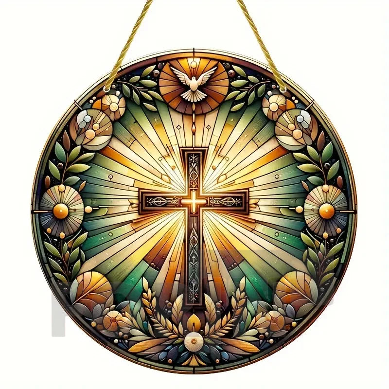 Cross Sun Catcher Acrylic Round Sign,Faux 3D Christianity Religious Pendant Plate,Home,Garden,Room,church,Holy Week&Easter Decor