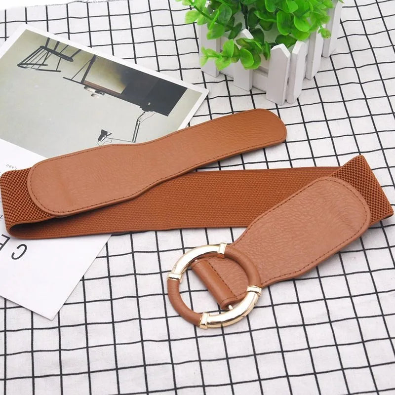 Solid Color Wide Belt Casual Stretchy Vintage Elastic Waistband Round Metal Buckle Dress Coat Girdle Women Apparel Accessories