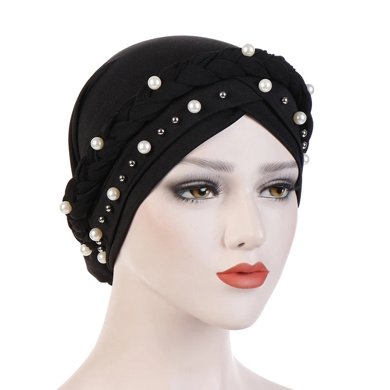 Braid Cross Forehead Women Hijabs with Faux Pearl Decor Solid Color Muslim Female Head Scarf Elegant Turban for Women Elastic