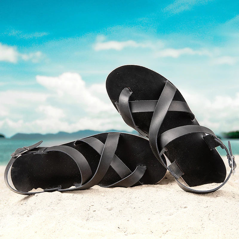 New Summer Sandals Men Open Toe Genuine Leather Sandals Hollow-out Retro Handmade Comfortable Breathable Outdoor Beach Shoes