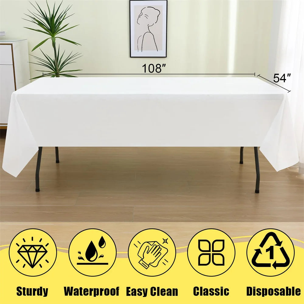 Olanly 10 Pack Disposable Plastic Table Cloth Rectangle Waterproof Vinyl Tablecloth Table Clean Table Cover Dining Party Wedding