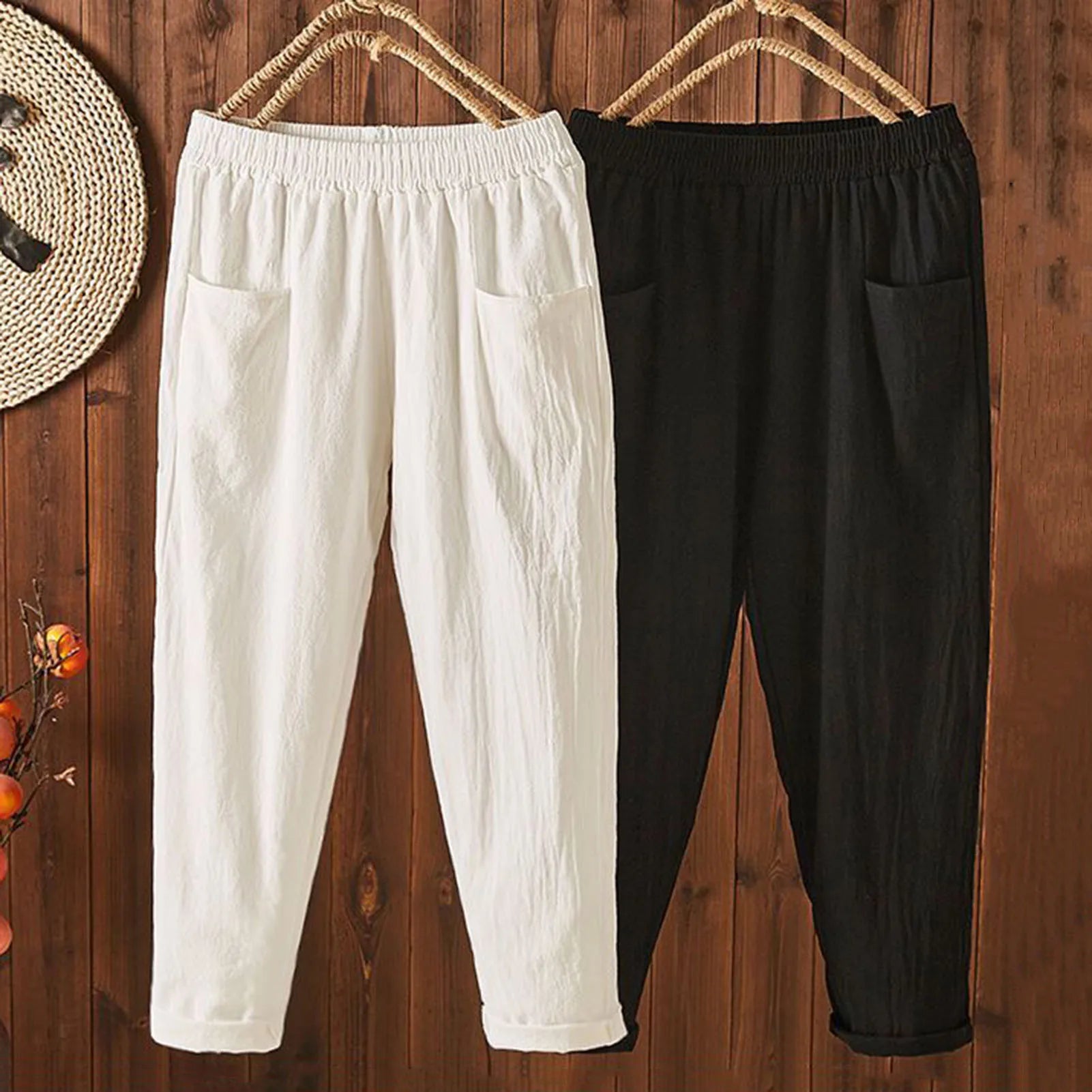 Cotton Linen Women Harem Pants Women Summer Casual Loose Harem Elastic Waist Cotton Linen Pants Ninth Trousers Wide-leg pants