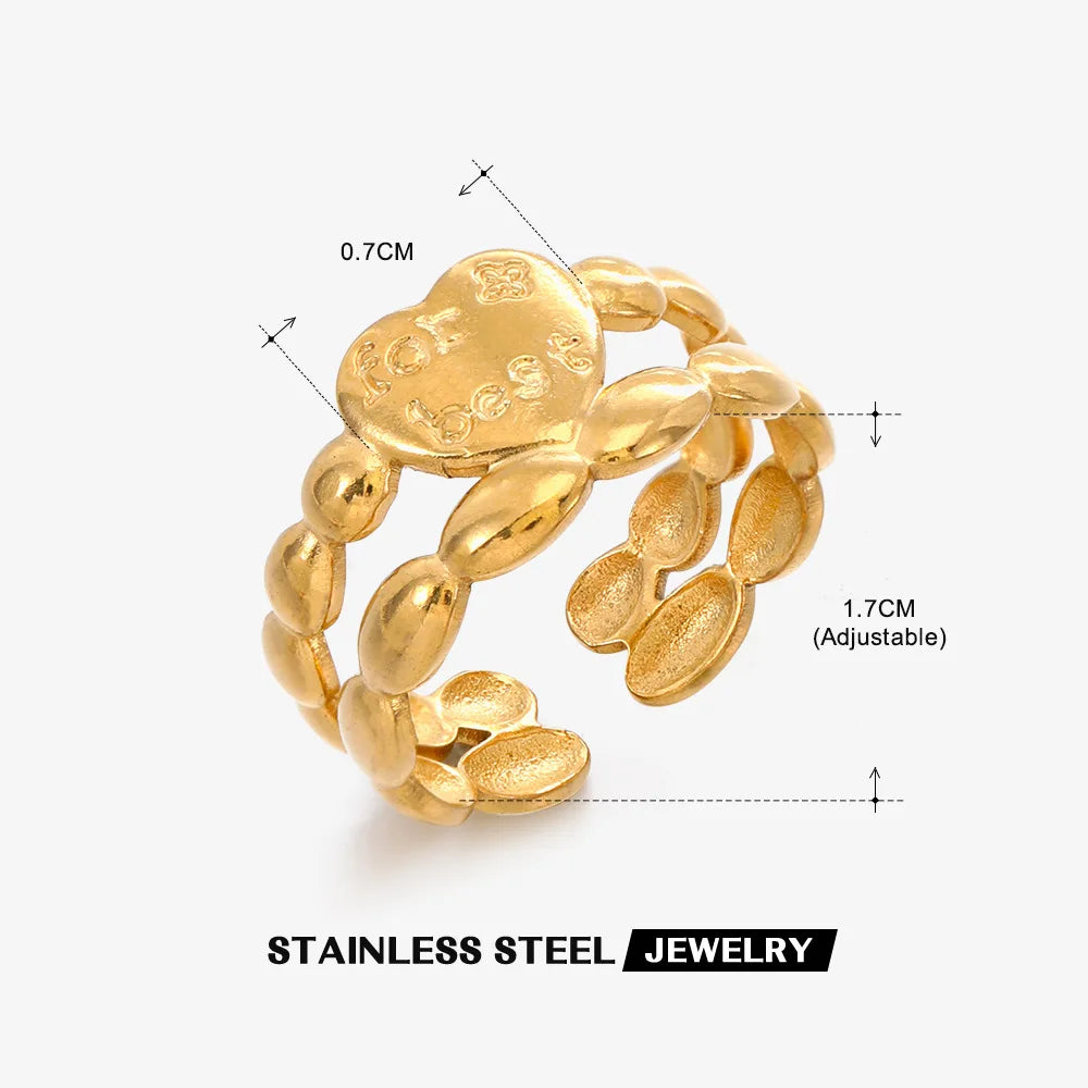 2023 New Gold Color Stainless Steel Finger Ring Minimalist Metal Heart Love Opening Ring for Women Girls Party Jewelry Gift
