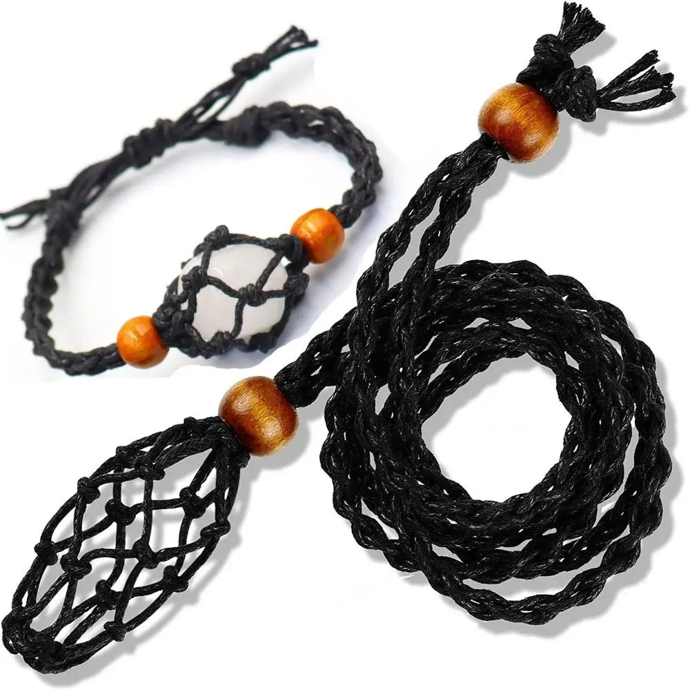 Adjustable Braided Necklace Cord Empty Stone Holder Wax Rope DIY Necklace Natural Quartz Crystal Healing Stone Net Bag Pendant