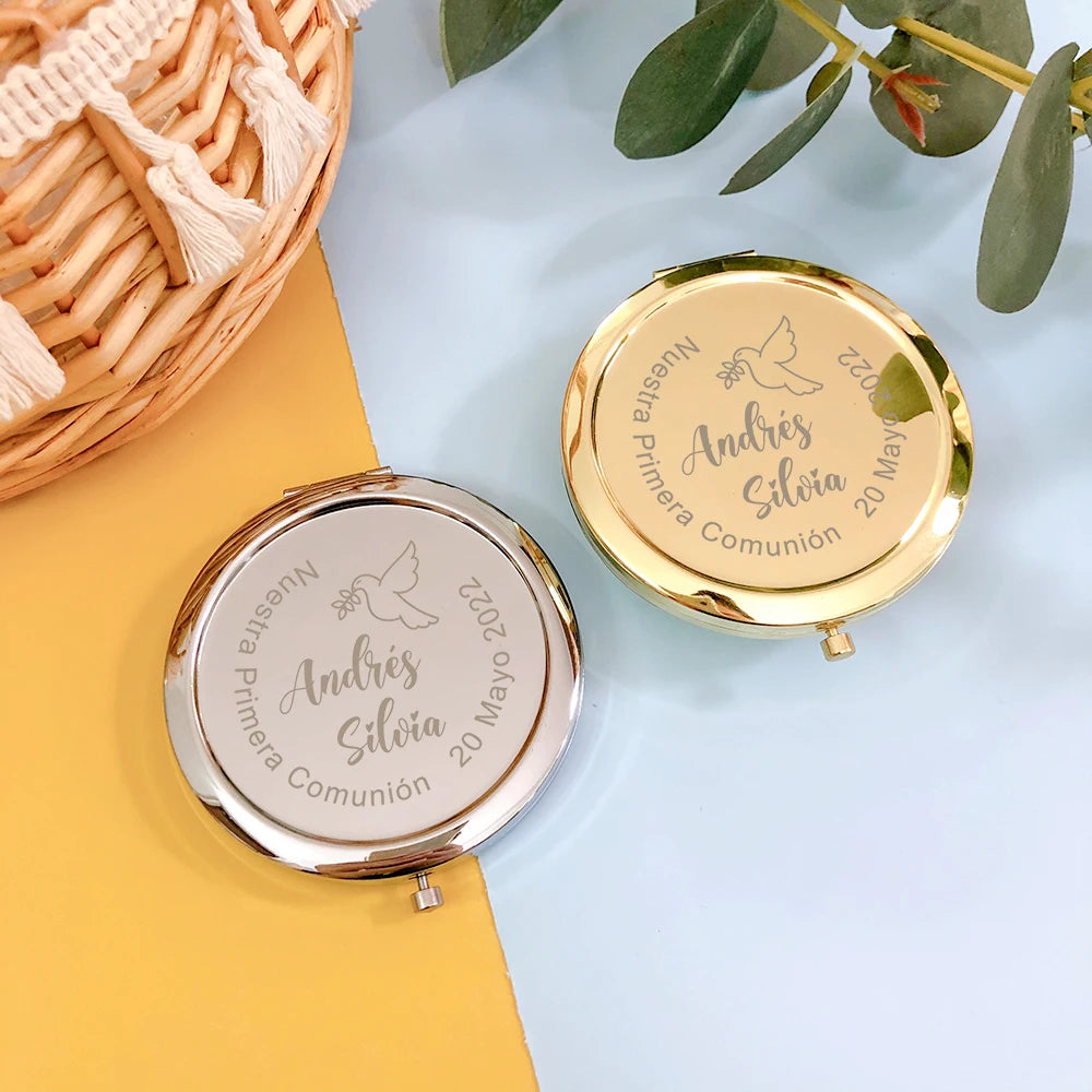 First Communion Party Favors Personalized Communion Gifts for Guests Custom Engraved Metal Compact Mirrors Silver / Gold
