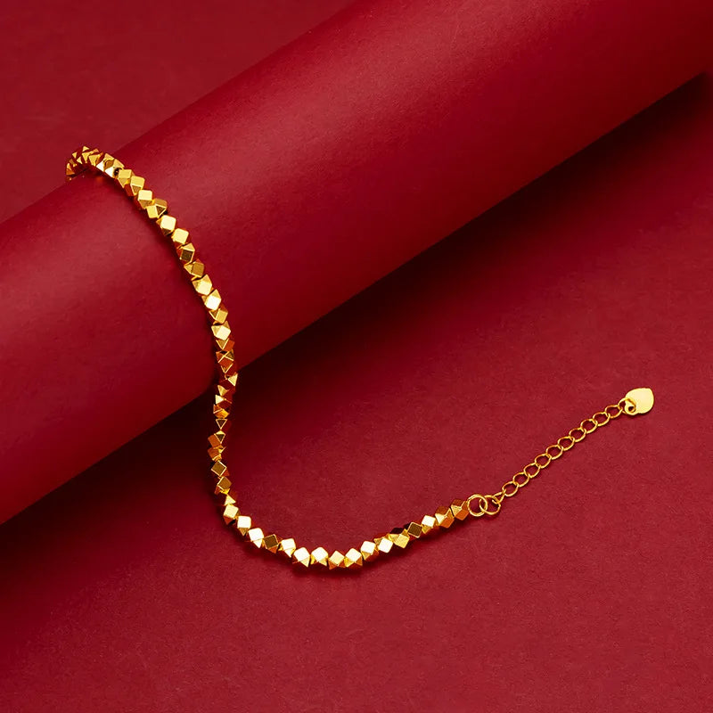 Real 18K Gold Chain Bracelet for Women Pure Adjustable Trendy Laser Beads Chain for Women Fine Jewelry Gift