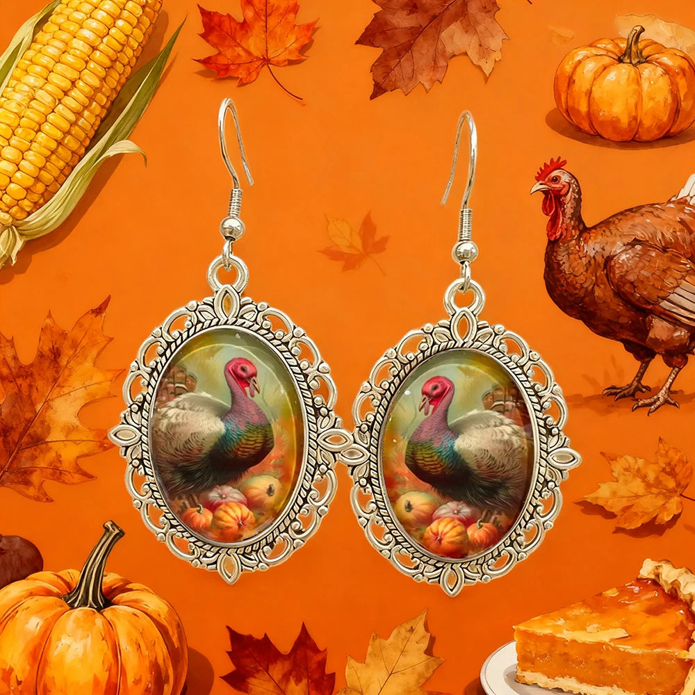 New Autumn Thanksgiving Earrings Turkey Oval Glass Dome Alloy Dangle Earrings Thanksgiving Gift Jewelry Gift