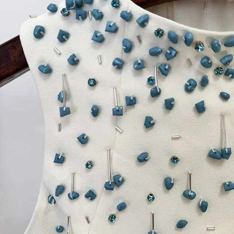 Luxury Crystal Midi Dresses 2 Piece Skirt Set Women Summer Beaded Crop Tops Single Breasted + Pencil Long Skirt Suit Work Outfit