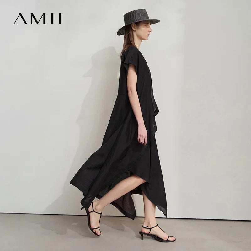 Amii Minimalist Women's Short Sleeved Dress 2025 Spring New Solid Irregular Loose Elegant H Shaped Commute Long Dress 12541134