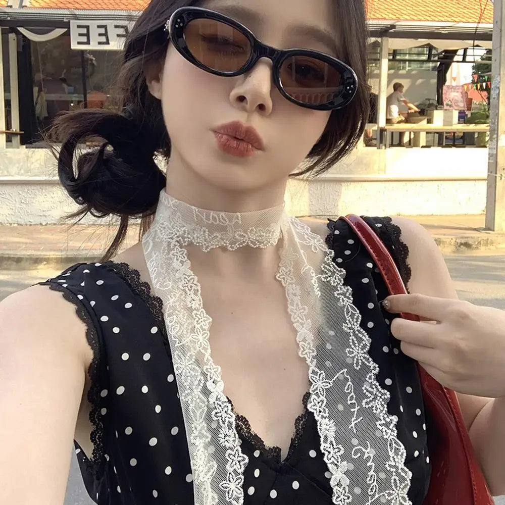 Sweet Flower Retro Lace Neck Strap Transparent Dressing Decoration Hair Band Korean Style Neckerchief Long Ribbon Head Scarf