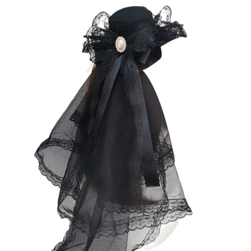 Ribbon Bowknot Veil Small Hat with Hair Clip Fashion Headwear Women Teens Halloween Hair Bows Masquerades Party Headwear