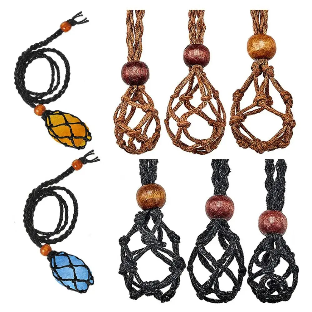 Adjustable Braided Necklace Cord Empty Stone Holder Wax Rope DIY Necklace Natural Quartz Crystal Healing Stone Net Bag Pendant
