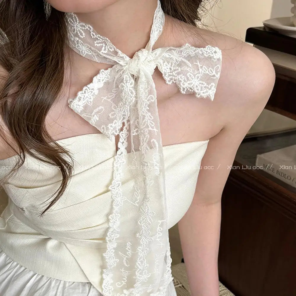Sweet Flower Retro Lace Neck Strap Transparent Dressing Decoration Hair Band Korean Style Neckerchief Long Ribbon Head Scarf