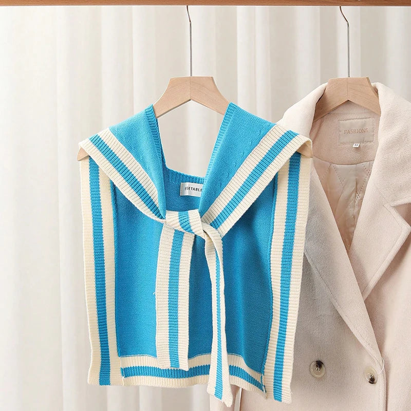 A Handmade Spring & Fall Polyester Knitted Knotted Shawl with Contrasting Stripes and Preppy Style Women's Fashion Shawl