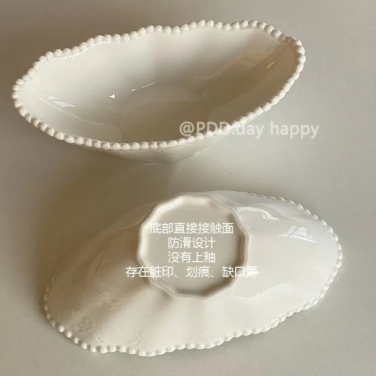 Ins Style Light Luxury Solid Color Bead Bowl Wavy Edge Ceramic Salad Bowl High Aesthetic Breakfast Plate Exquisite Home