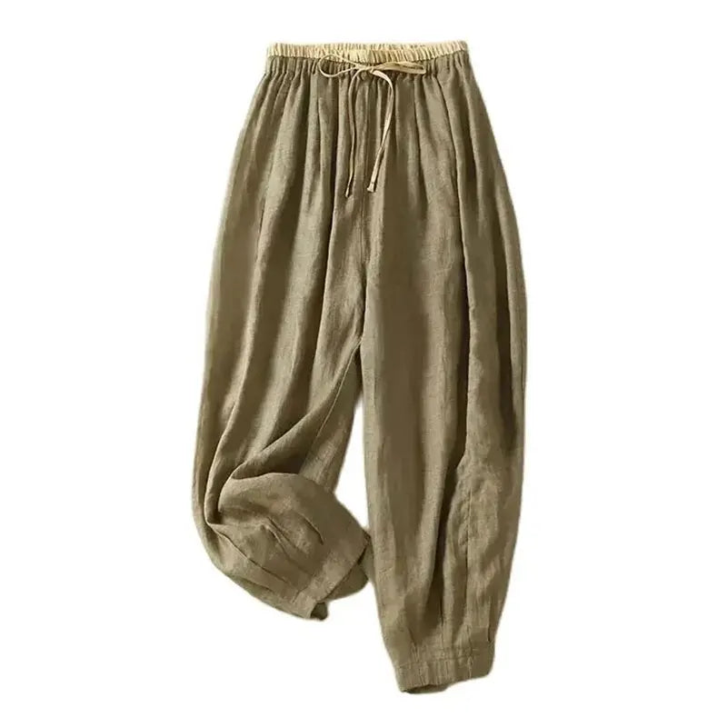 Cotton Linen Casual Elastic High Waist Lace Up Loose Women's Pants Wide Leg Ankle-Length Pants For Women Clothing Fashion 2024