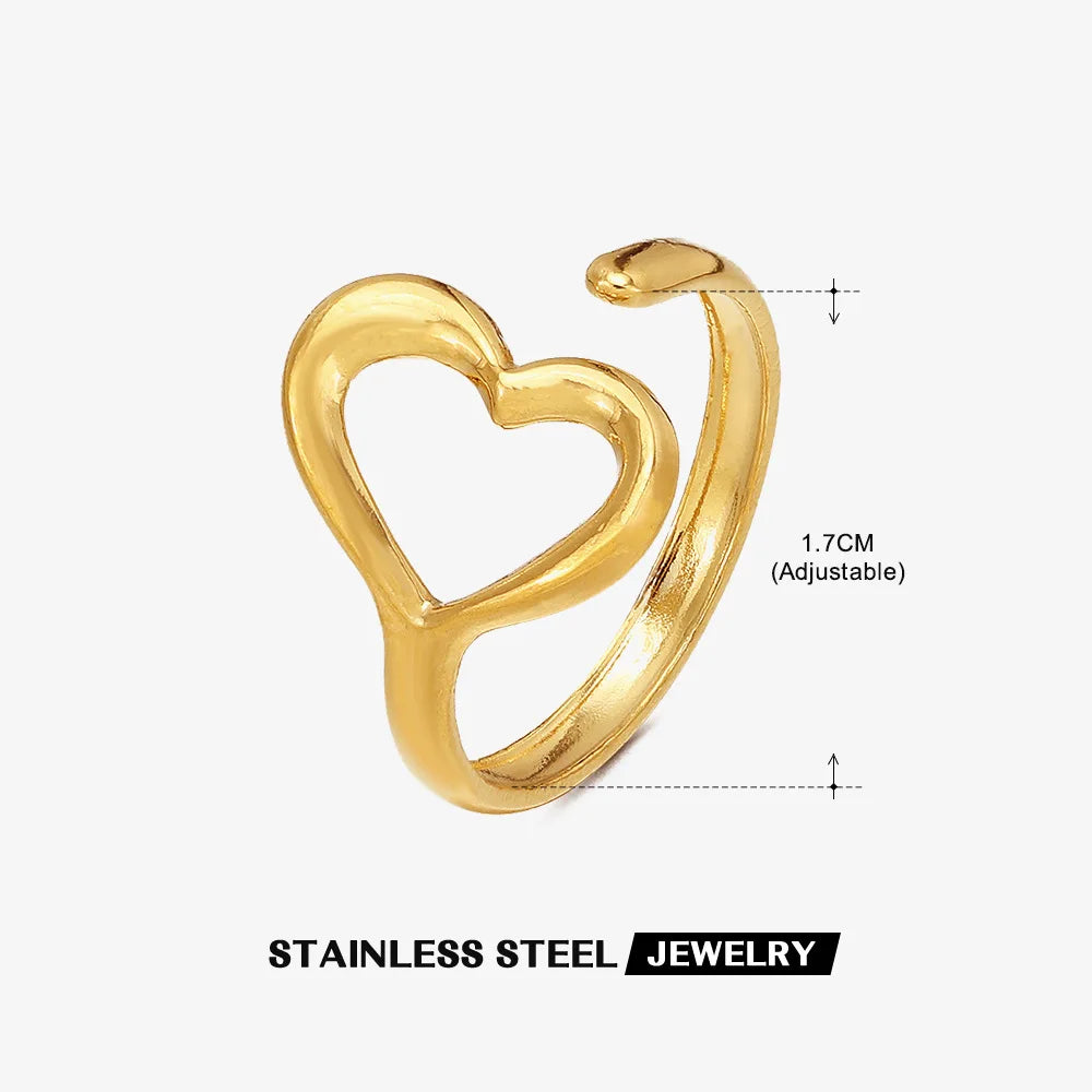 2023 New Gold Color Stainless Steel Finger Ring Minimalist Metal Heart Love Opening Ring for Women Girls Party Jewelry Gift